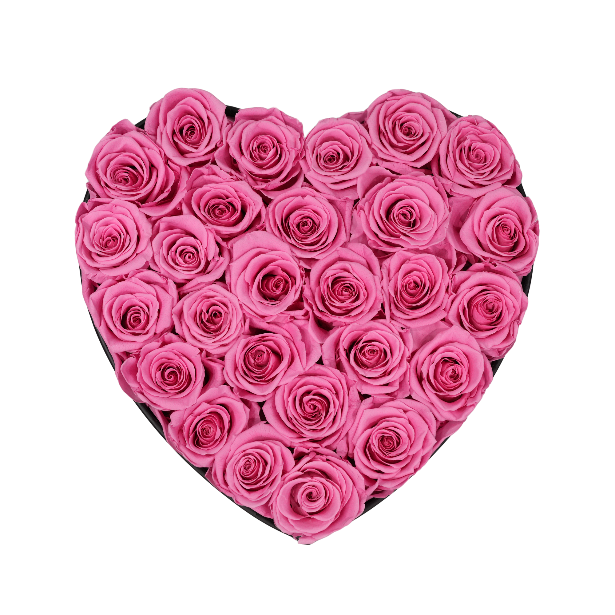 Large Heart Black Box Pink Forever Roses flat lay overhead view.