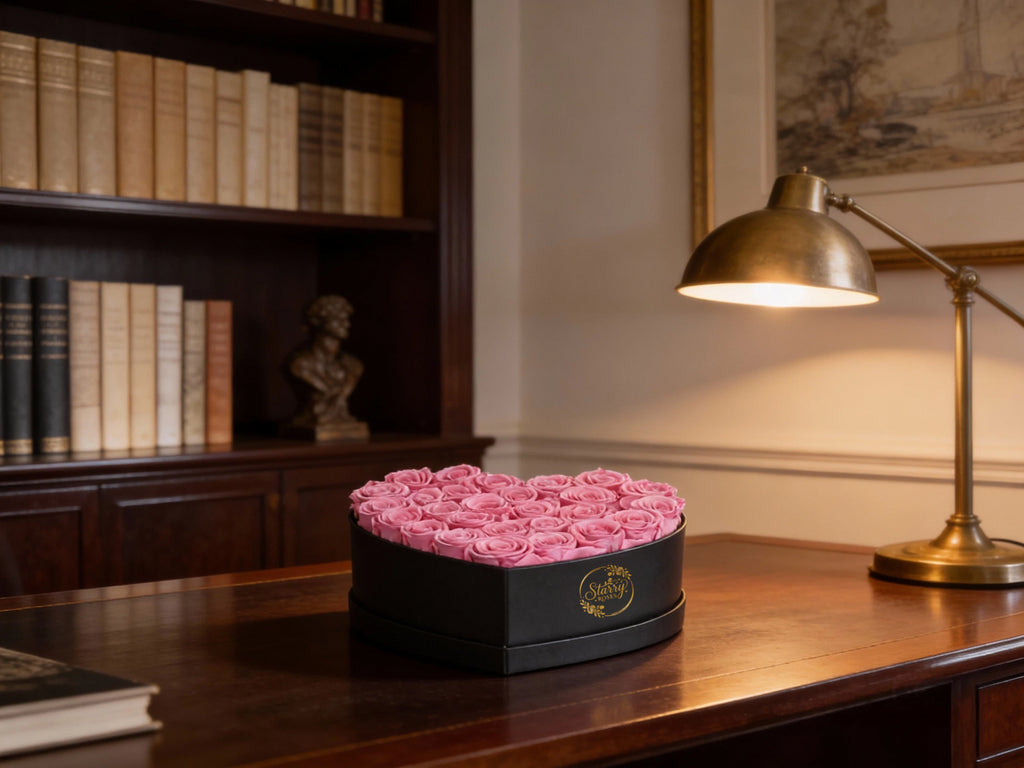 Large Heart Black Box Pink Forever Roses as a luxury gift displayed in a rich interior setting. Lifestyle photo showing a perfect gift for anniversaries and special occasions.