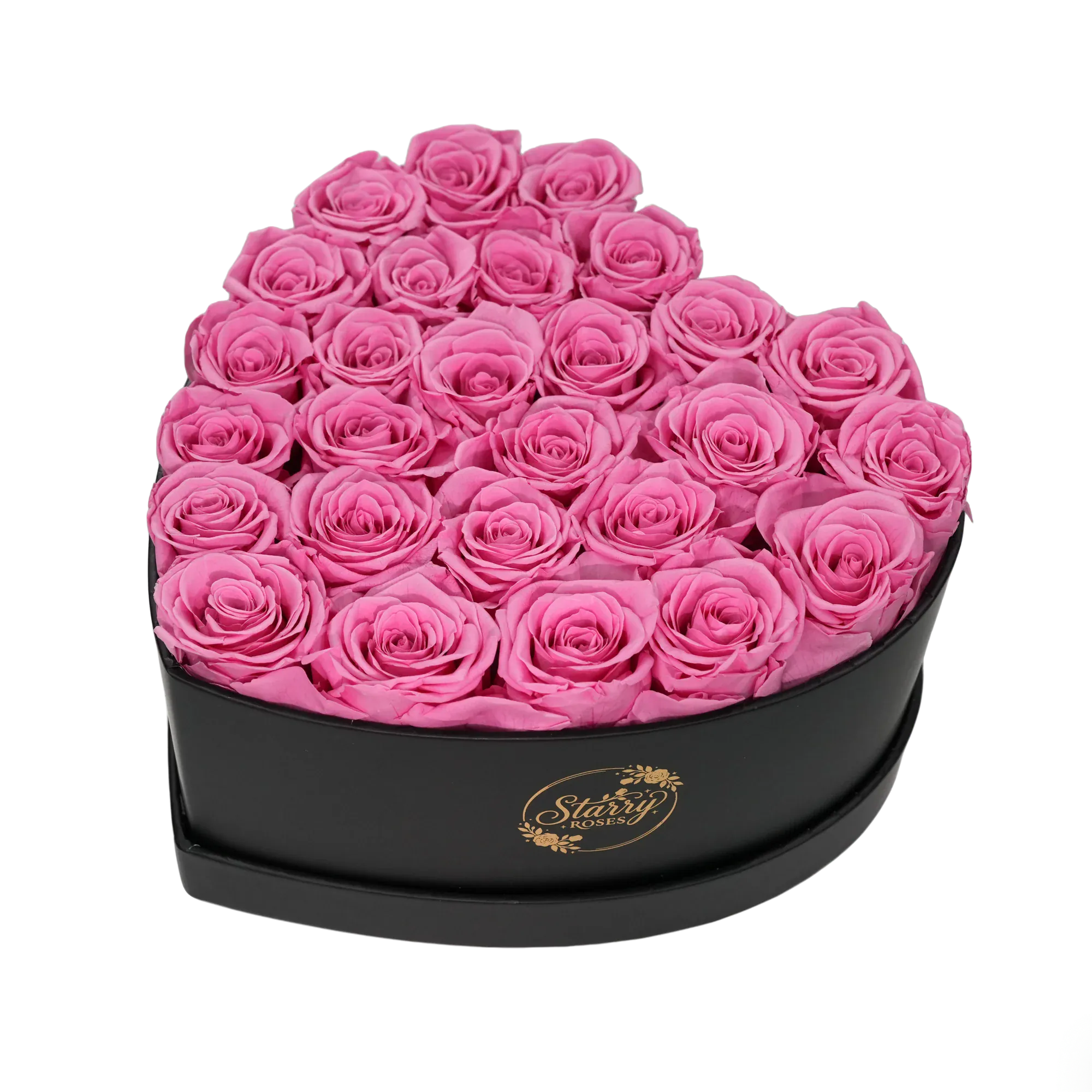 Large Heart Black Box Pink Forever Roses product display on white background.