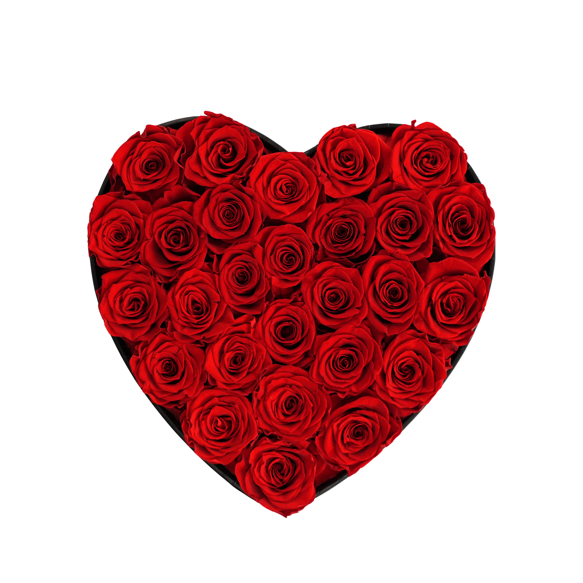 Large Heart Black Box Red Forever Roses flat lay overhead view.