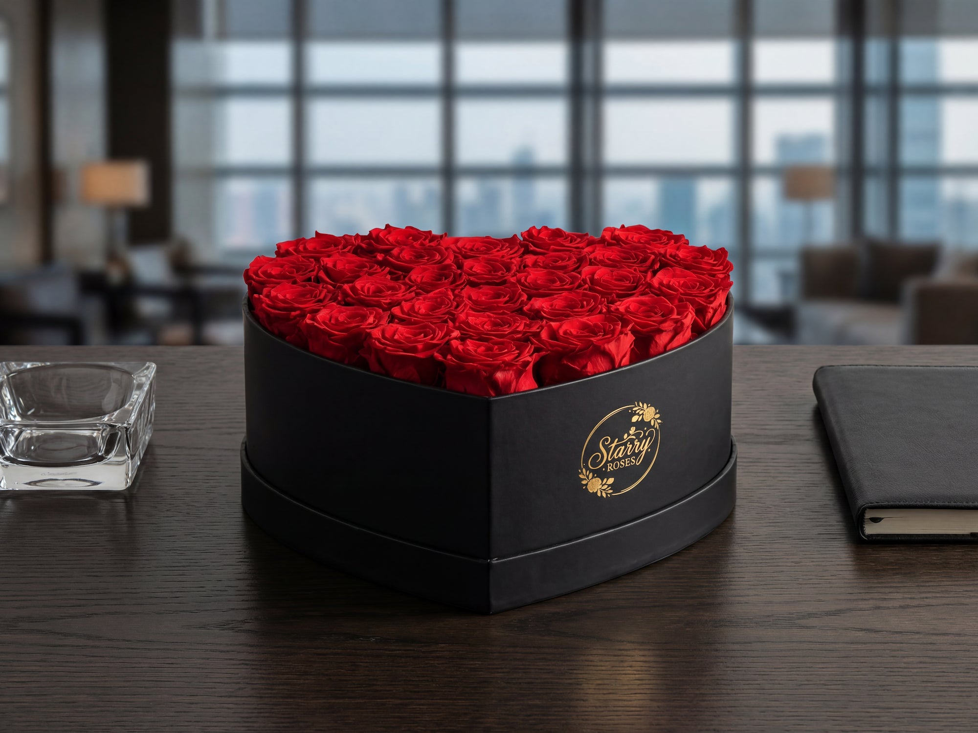 Large Heart Black Box Red Forever Roses as a luxury gift displayed in a rich interior setting. Lifestyle photo showing a perfect gift for anniversaries and special occasions.