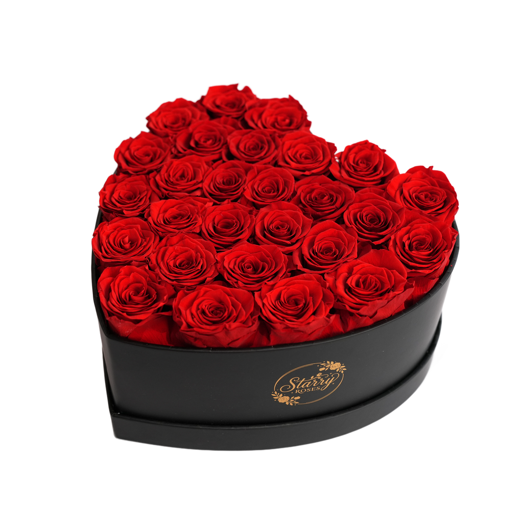 Large Heart Black Box Red Forever Roses product display on white background.