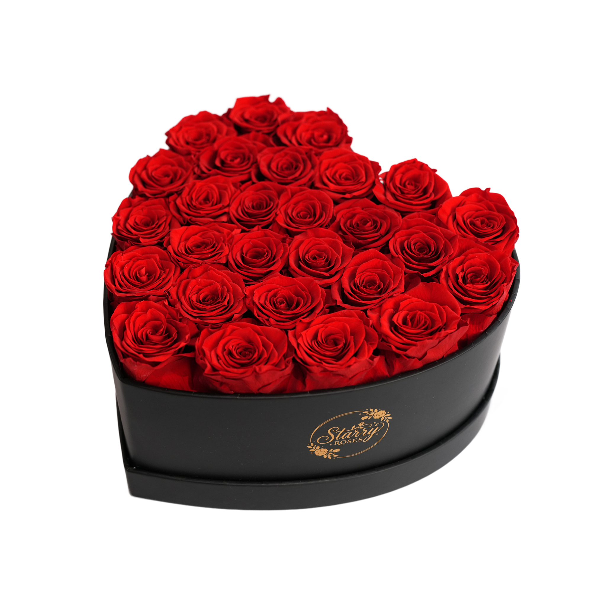 Large Heart Black Box Red Forever Roses product display on white background.