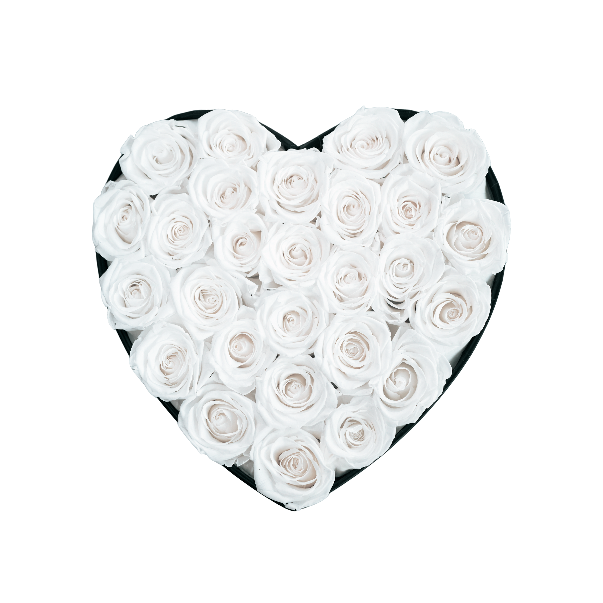 Large Heart Black Box White Forever Roses flat lay overhead view.