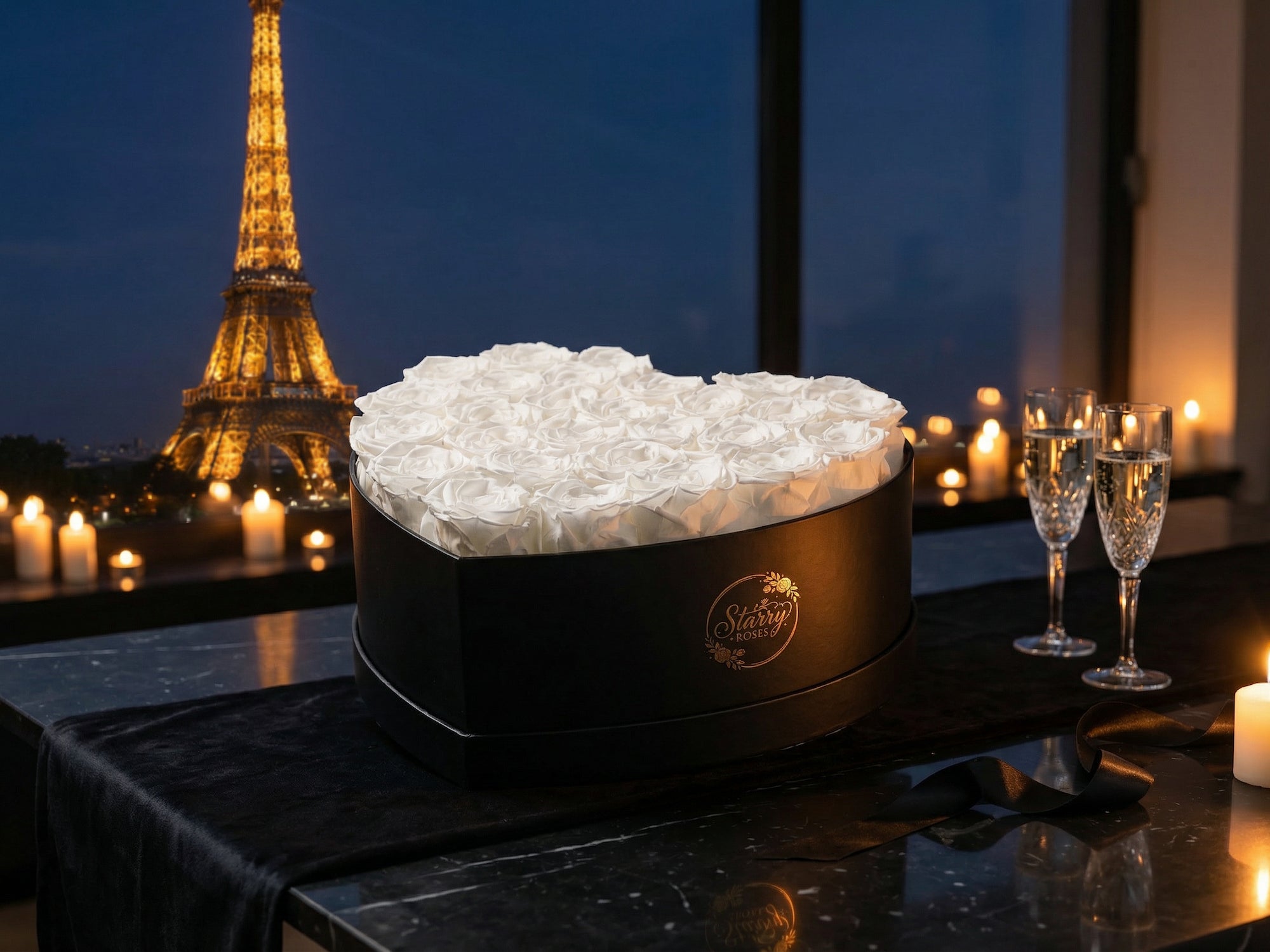 Large Heart Black Box White Forever Roses as a luxury gift displayed in a rich interior setting. Lifestyle photo showing a perfect gift for anniversaries and special occasions.