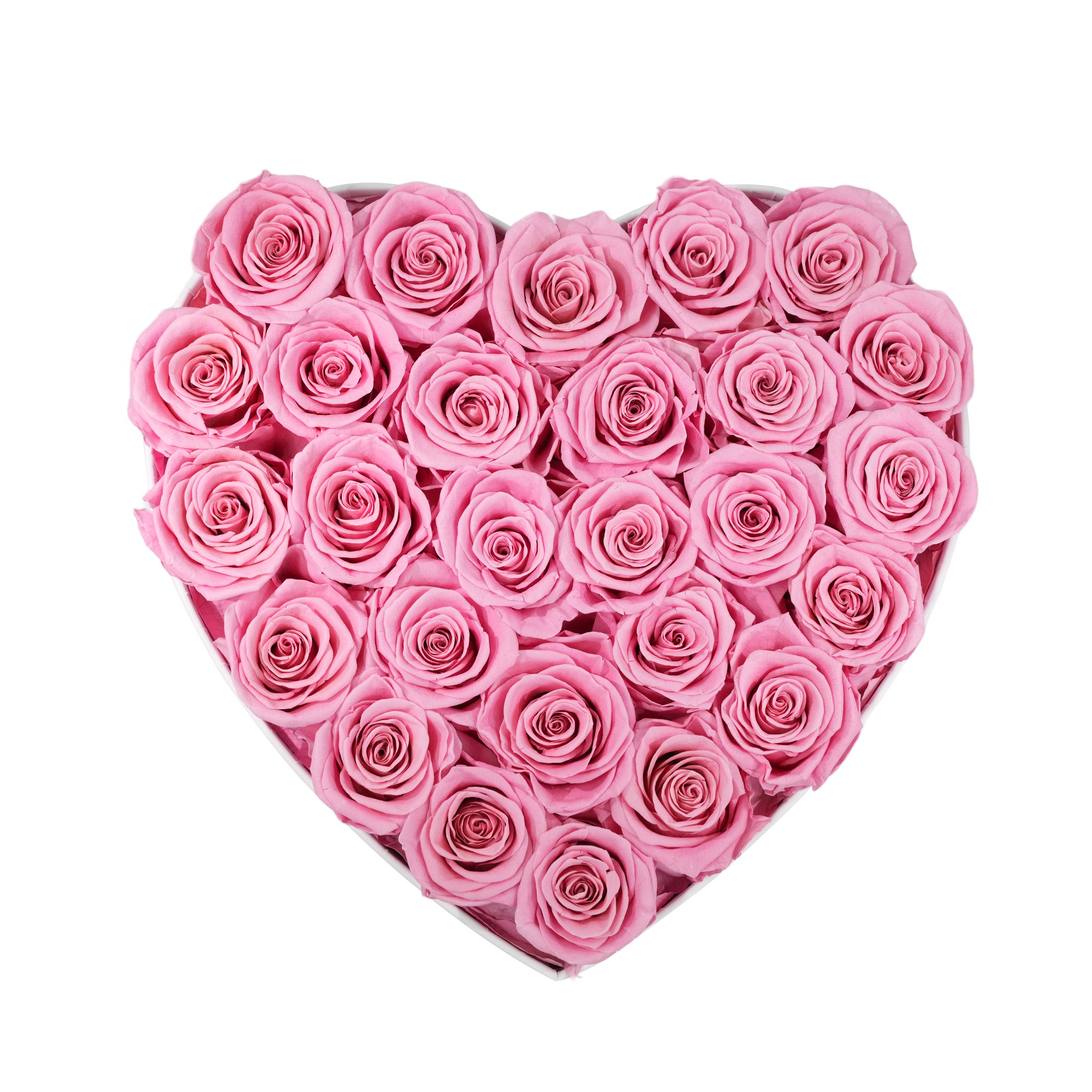 Large Heart White Box Pink Forever Roses flat lay overhead view.