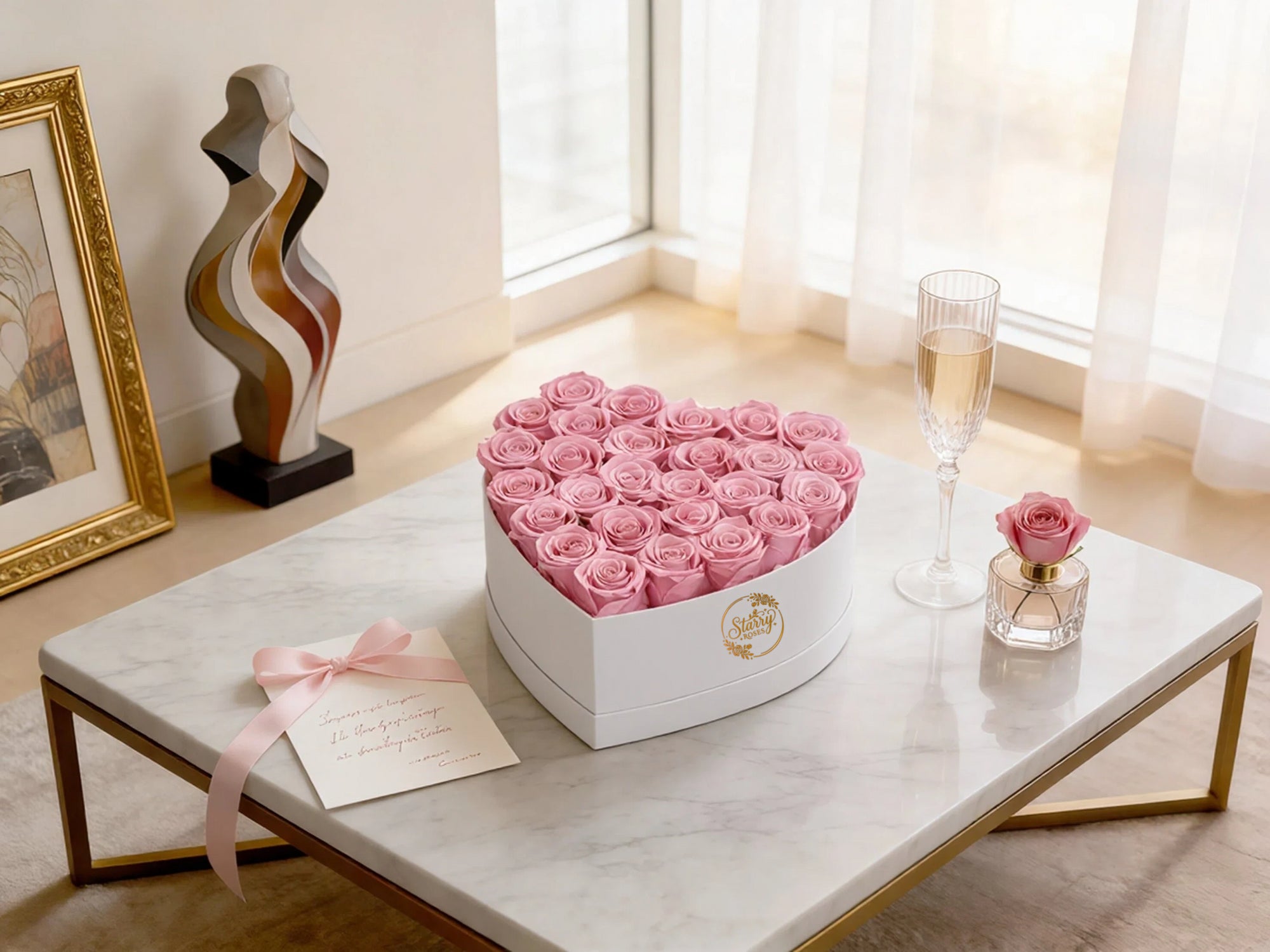 Large Heart White Box Pink Forever Roses as a luxury gift displayed in a rich interior setting. Lifestyle photo showing a perfect gift for anniversaries and special occasions.