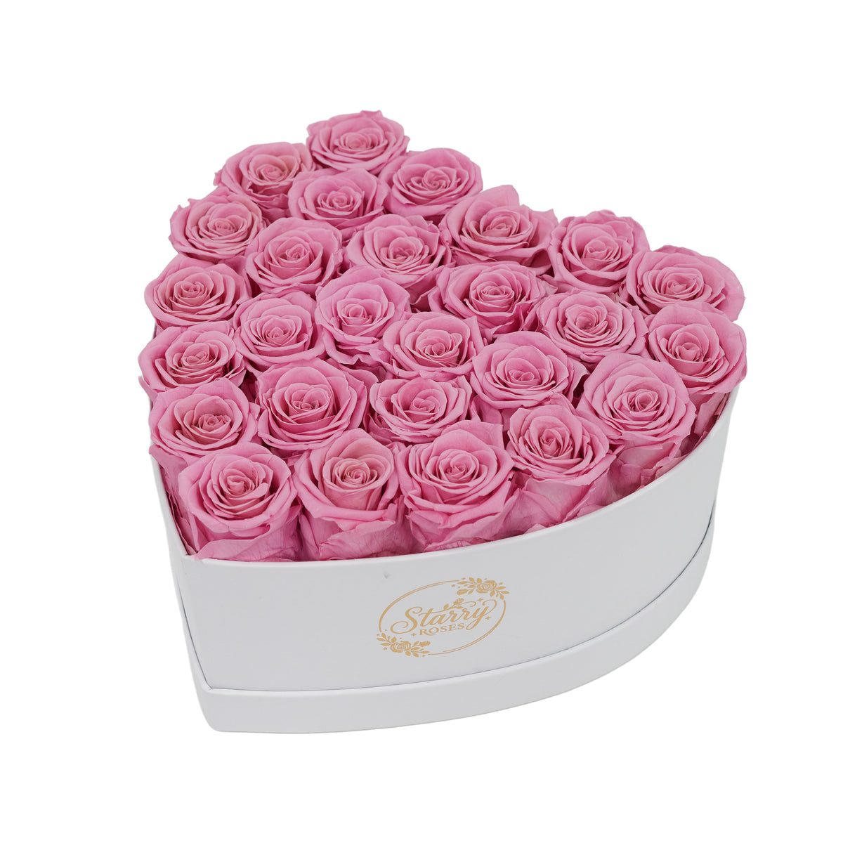 Large Heart White Box Pink Forever Roses product display on white background.