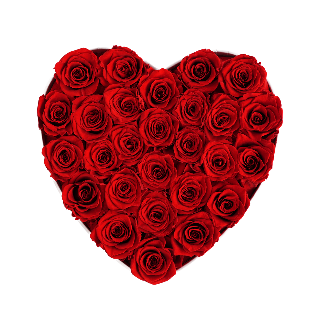Large Heart White Box Red Forever Roses flat lay overhead view.