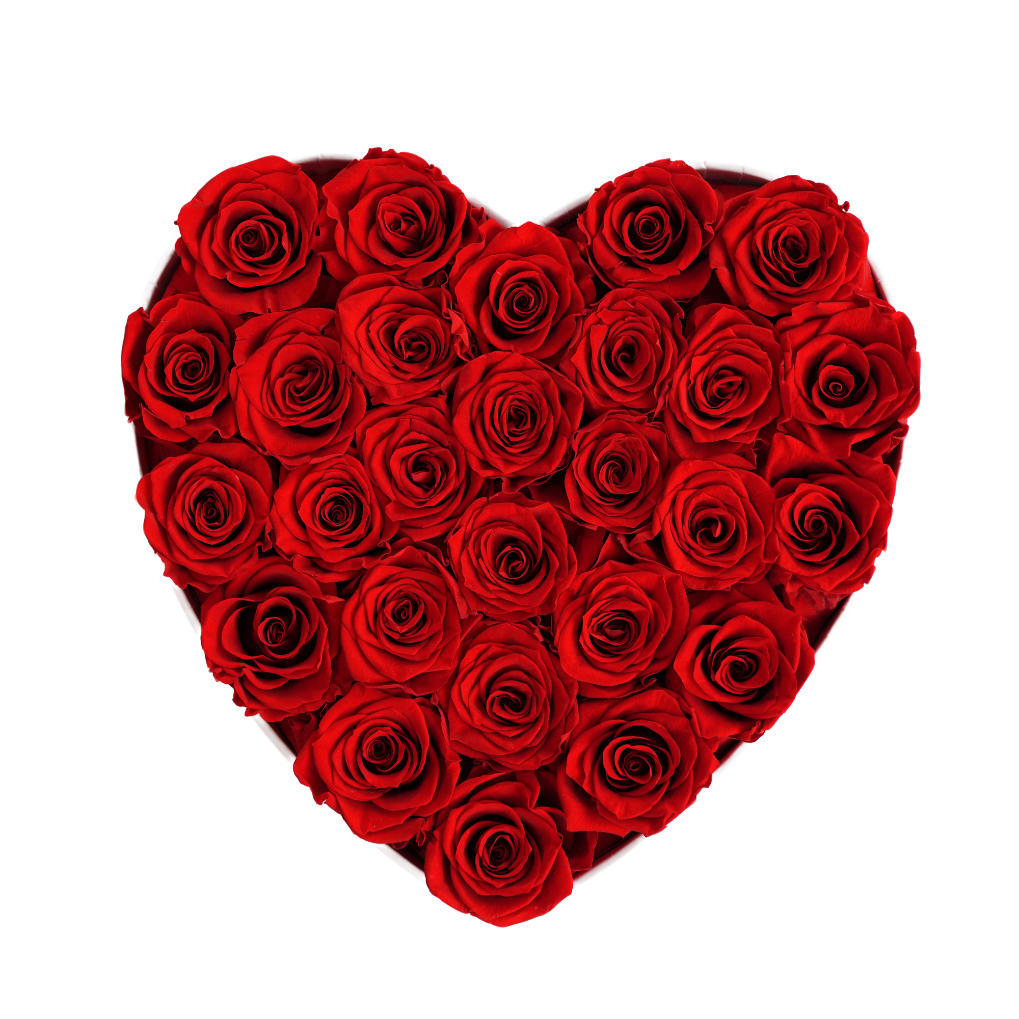 Large Heart White Box Red Forever Roses flat lay overhead view.