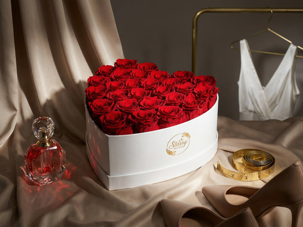 Large Heart White Box Red Forever Roses as a luxury gift displayed in a rich interior setting. Lifestyle photo showing a perfect gift for anniversaries and special occasions.