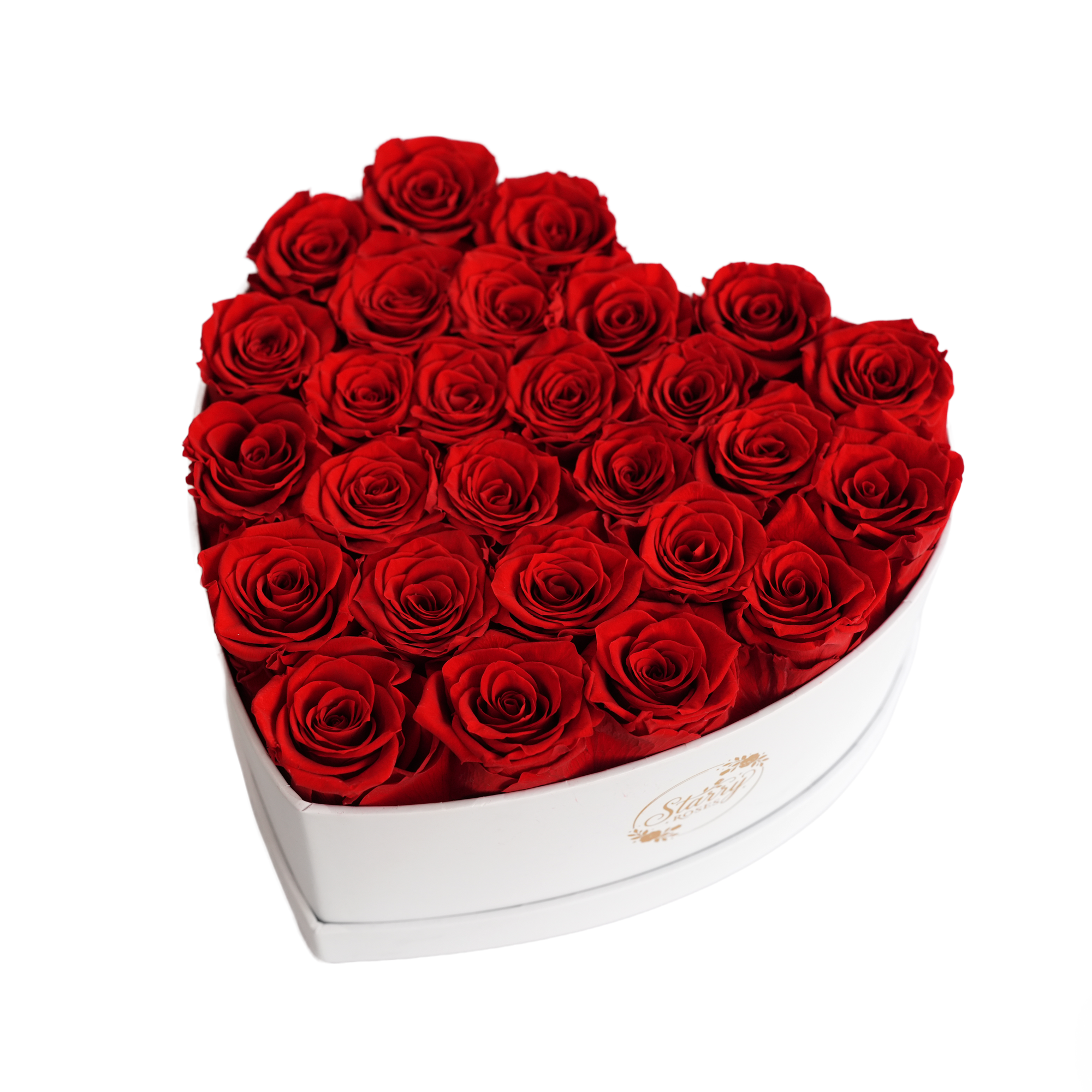 Large Heart White Box Red Forever Roses product display on white background.
