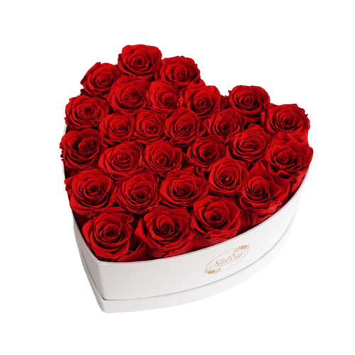 Large Heart White Box Red Forever Roses product display on white background.