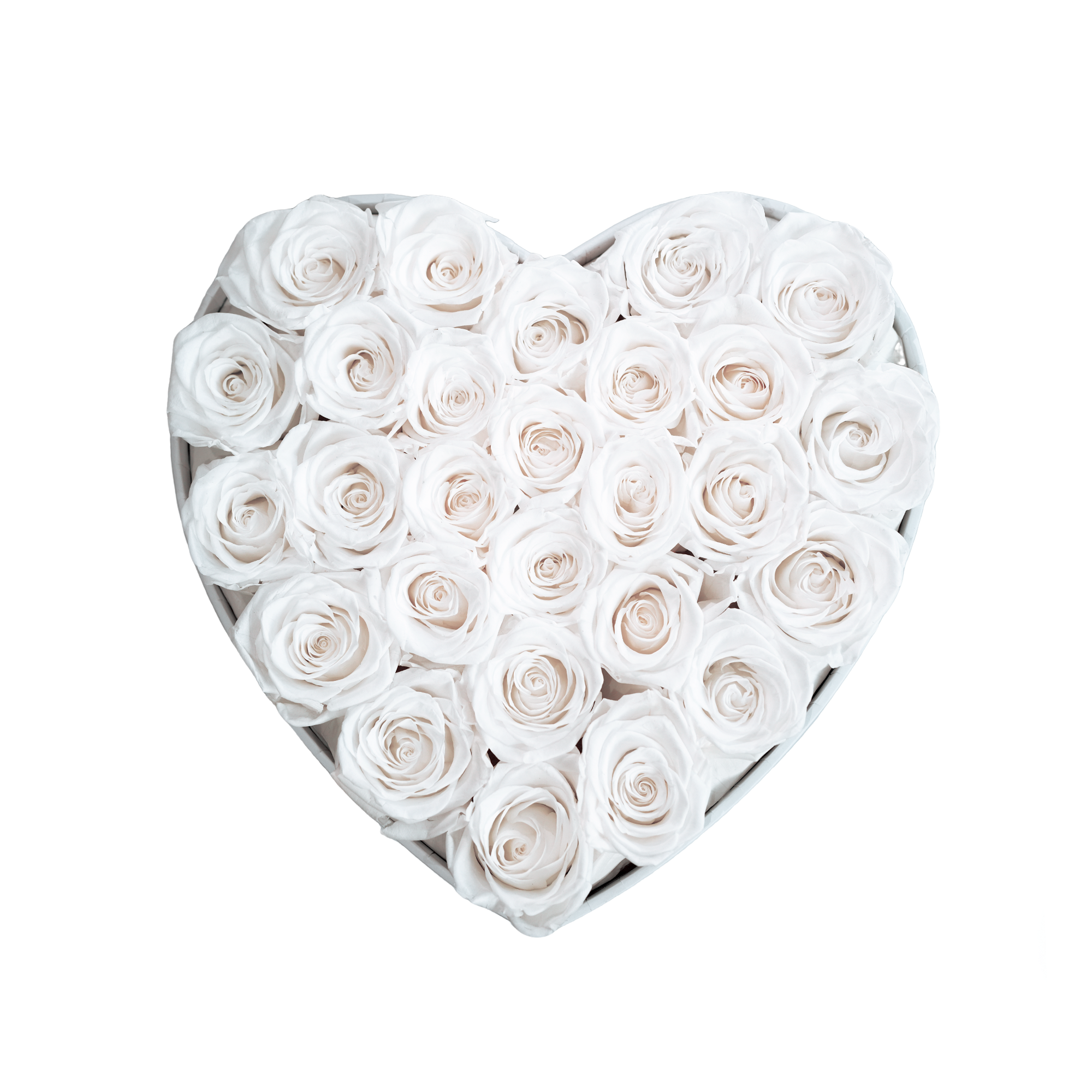 Large Heart White Box White Forever Roses flat lay overhead view.