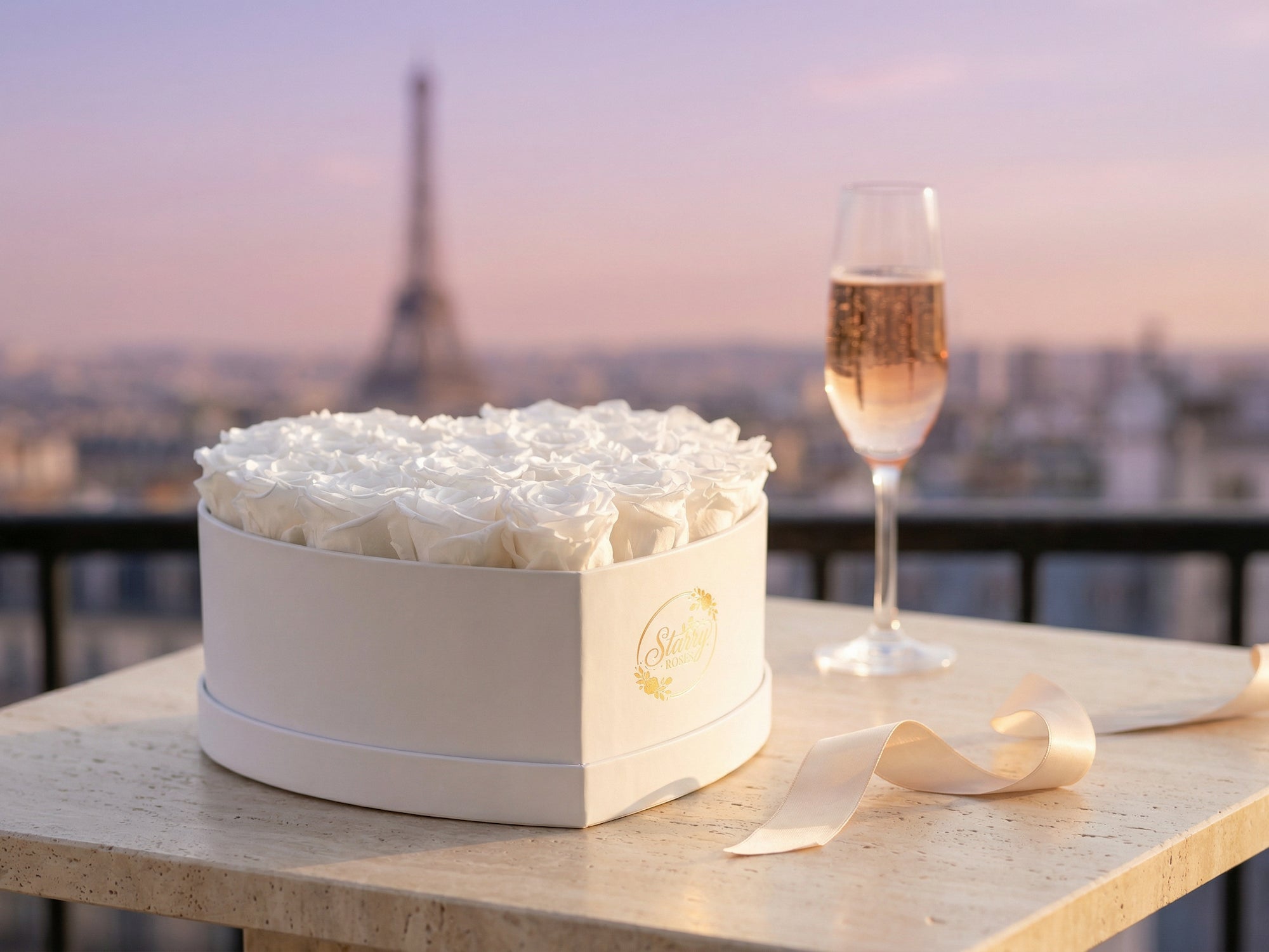 Large Heart White Box White Forever Roses as a luxury gift displayed in a rich interior setting. Lifestyle photo showing a perfect gift for anniversaries and special occasions.