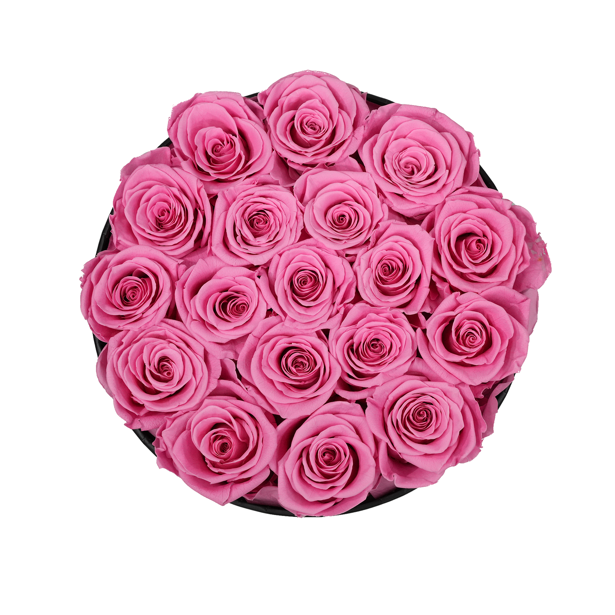 Large Round Black Box Pink Forever Roses flat lay overhead view.