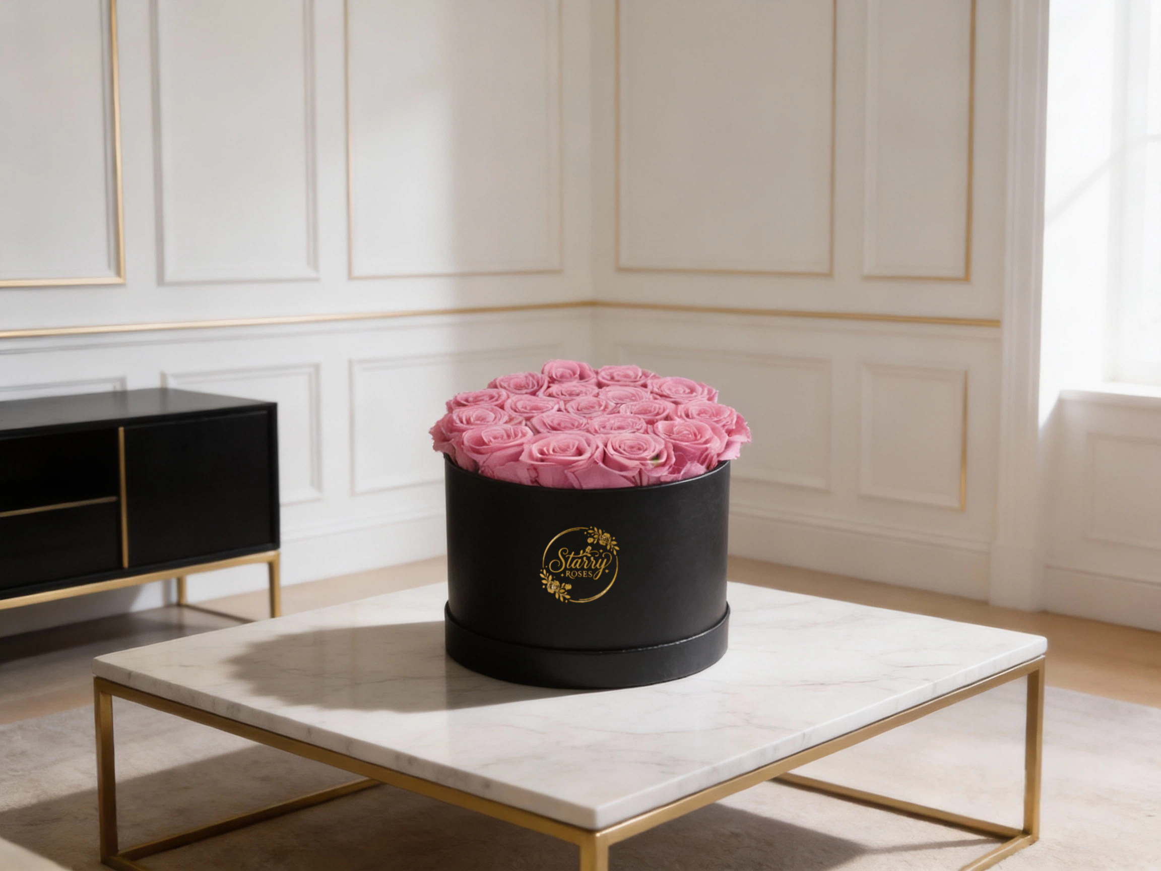 Large Round Black Box Pink Forever Roses as a luxury gift displayed in a rich interior setting. Lifestyle photo showing a perfect gift for anniversaries and special occasions.