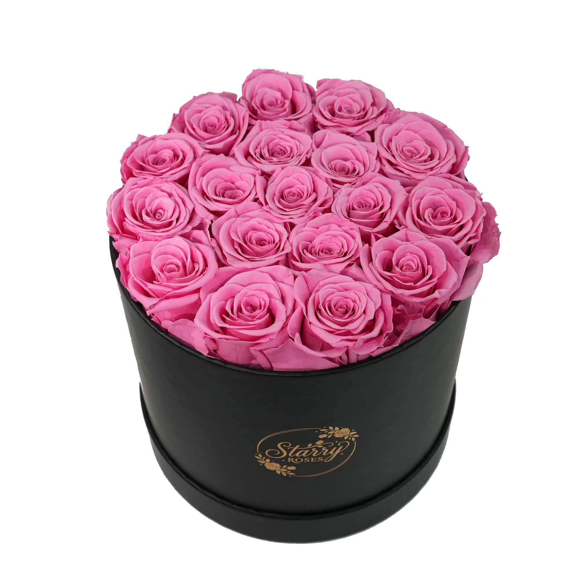 Large Round  Black Box Pink Forever roses product display on white background.