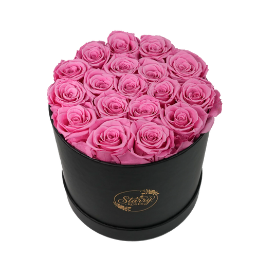 Large Round  Black Box Pink Forever roses product display on white background.