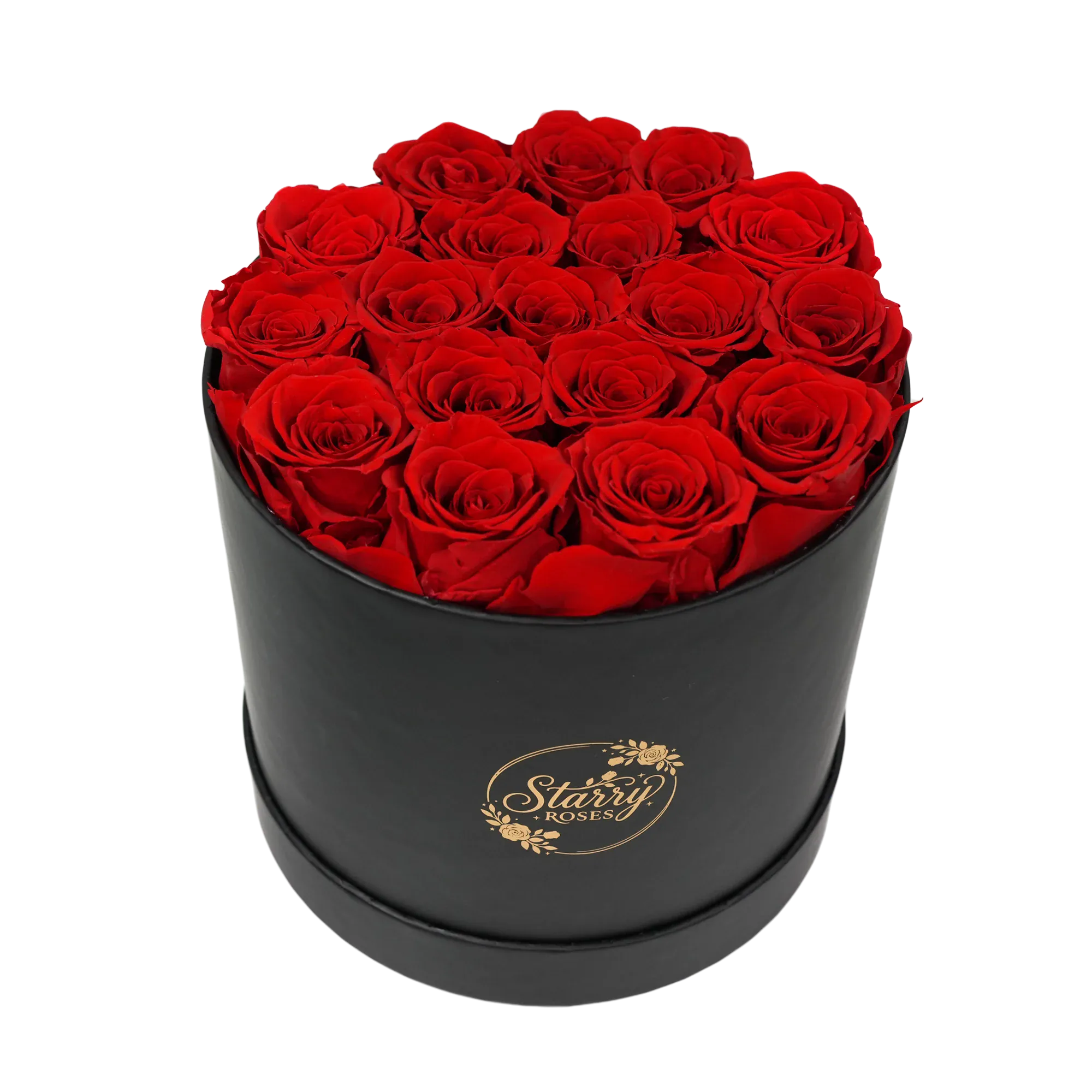 Large Round  Black Box Red Forever roses product display on white background.