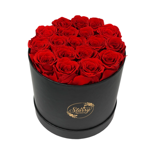 Large Round  Black Box Red Forever roses product display on white background.