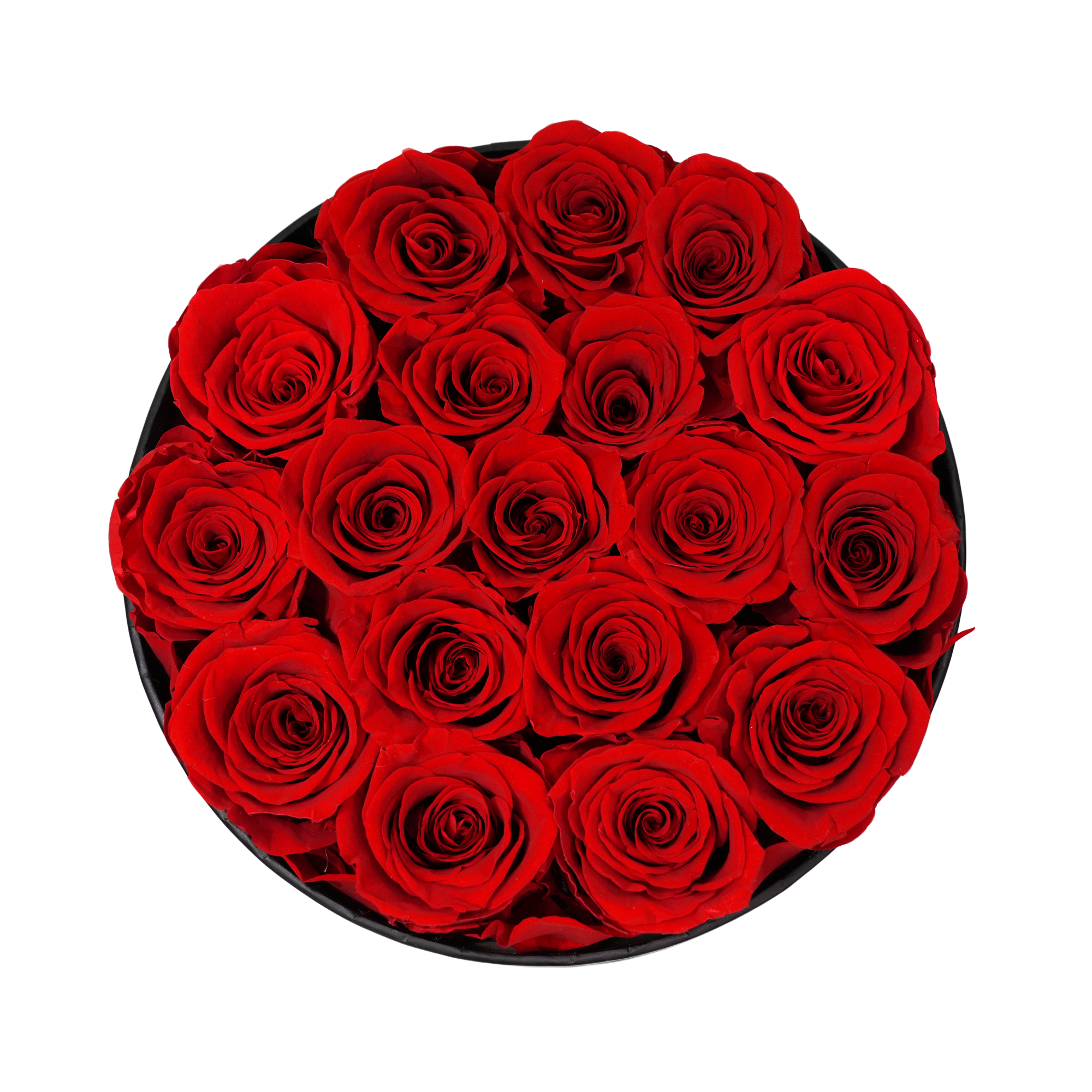 Large Round Black Box Red Forever Roses flat lay overhead view.
