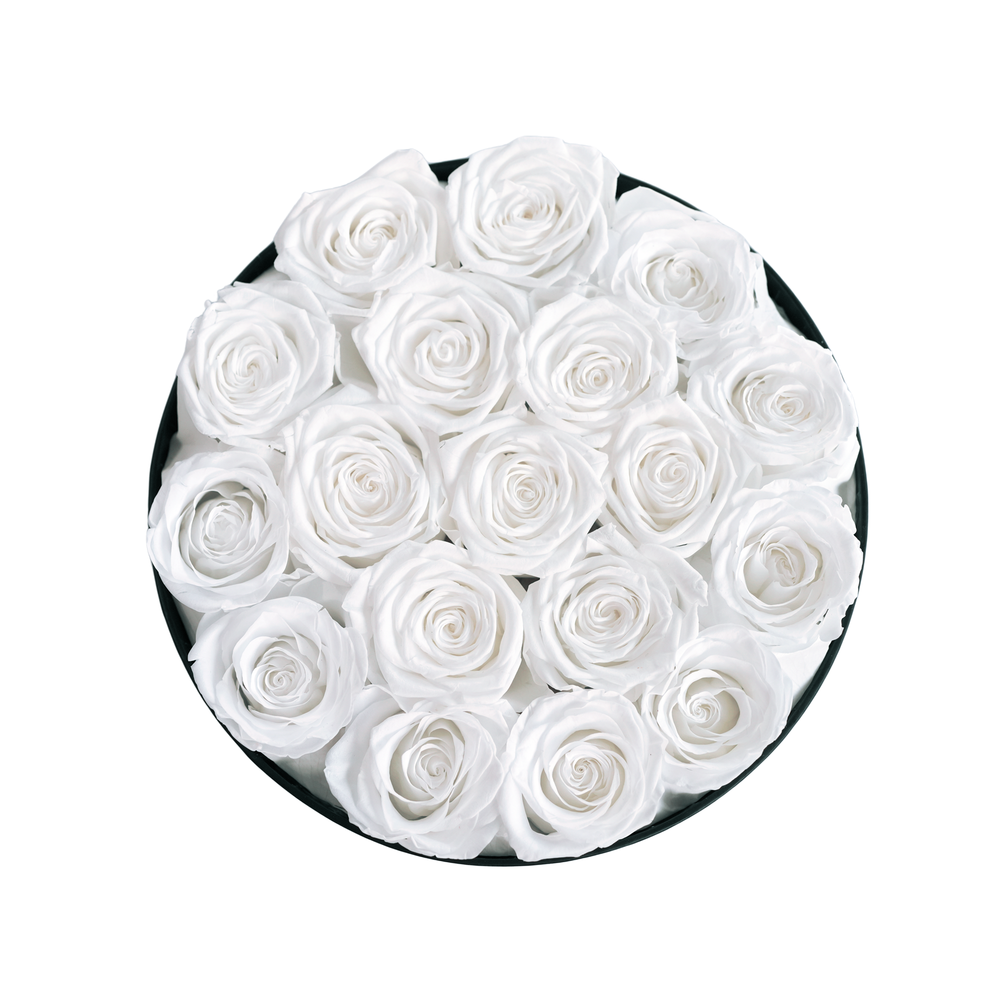 Large Round Black Box White Forever Roses flat lay overhead view.