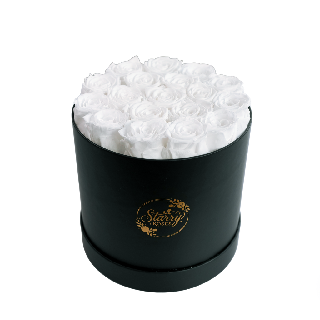 Large Round White Box White Forever Roses product display on white background.