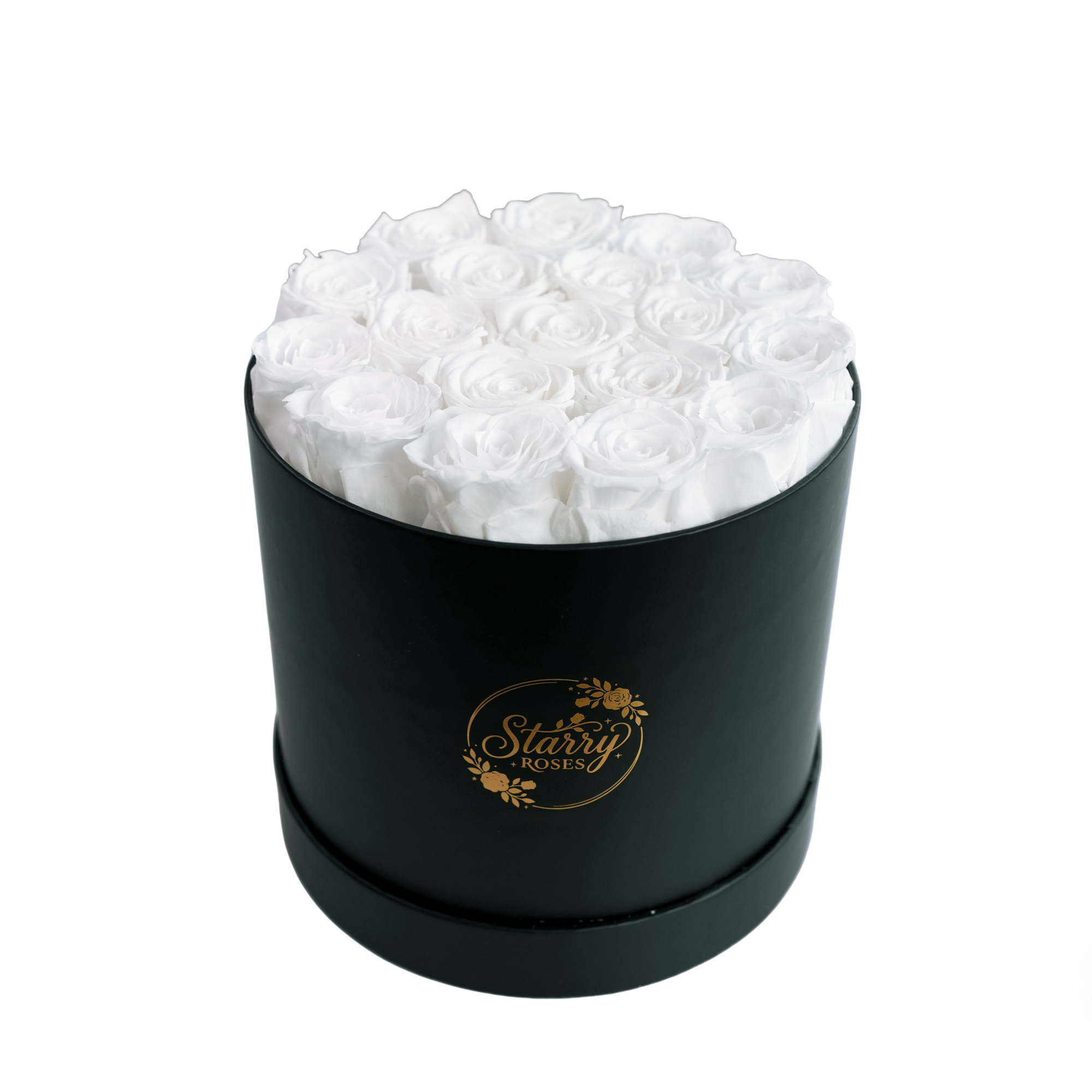 Large Round White Box White Forever Roses product display on white background.