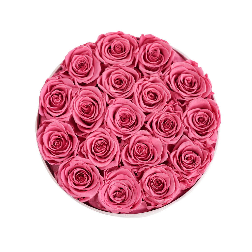 Large Round White Box Pink Forever Roses flat lay overhead view.