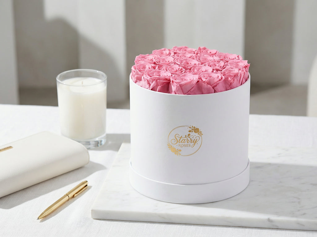 Large Round White Box Pink Forever Roses as a luxury gift displayed in a rich interior setting. Lifestyle photo showing a perfect gift for anniversaries and special occasions.