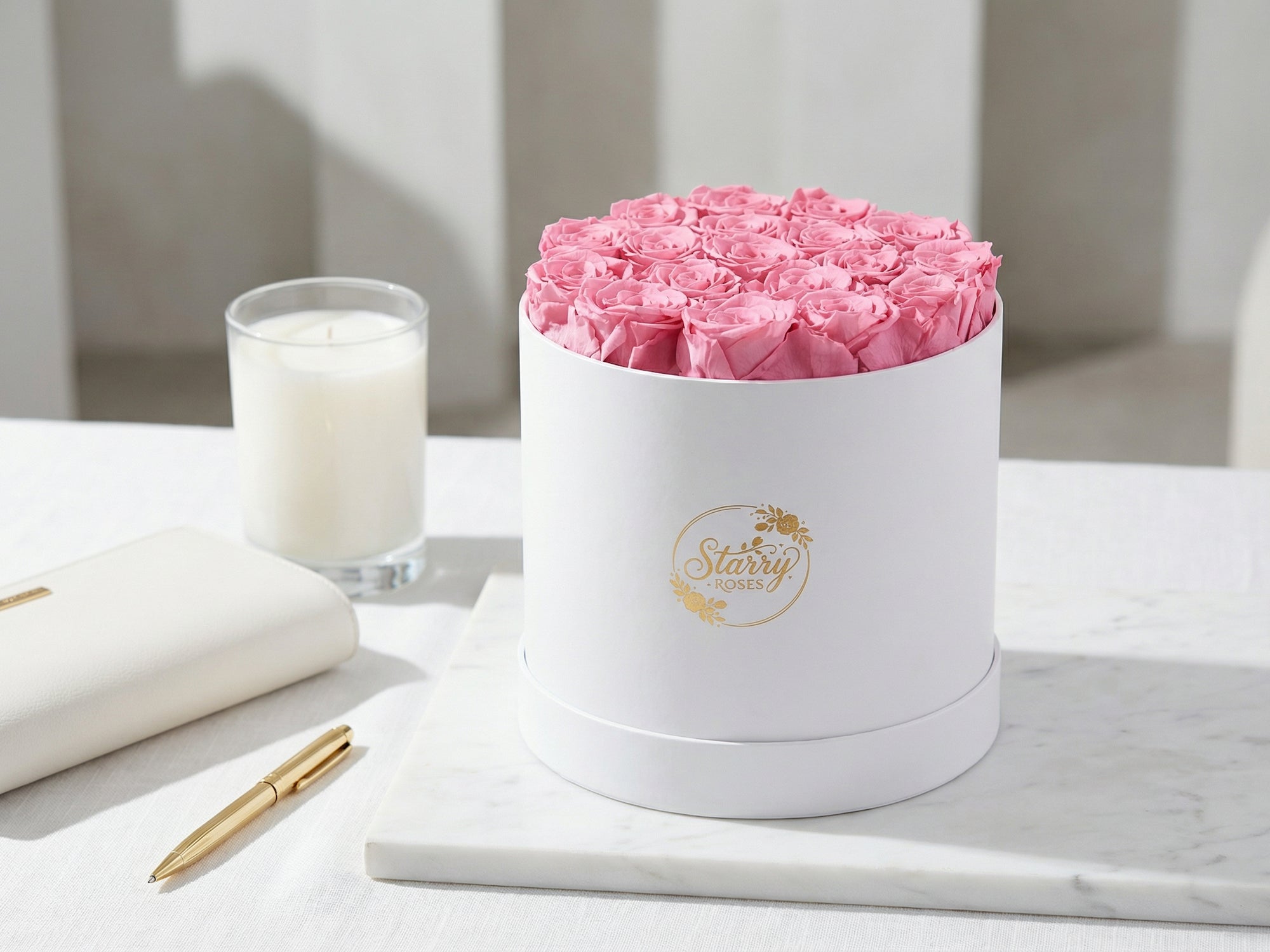 Large Round White Box Pink Forever Roses as a luxury gift displayed in a rich interior setting. Lifestyle photo showing a perfect gift for anniversaries and special occasions.