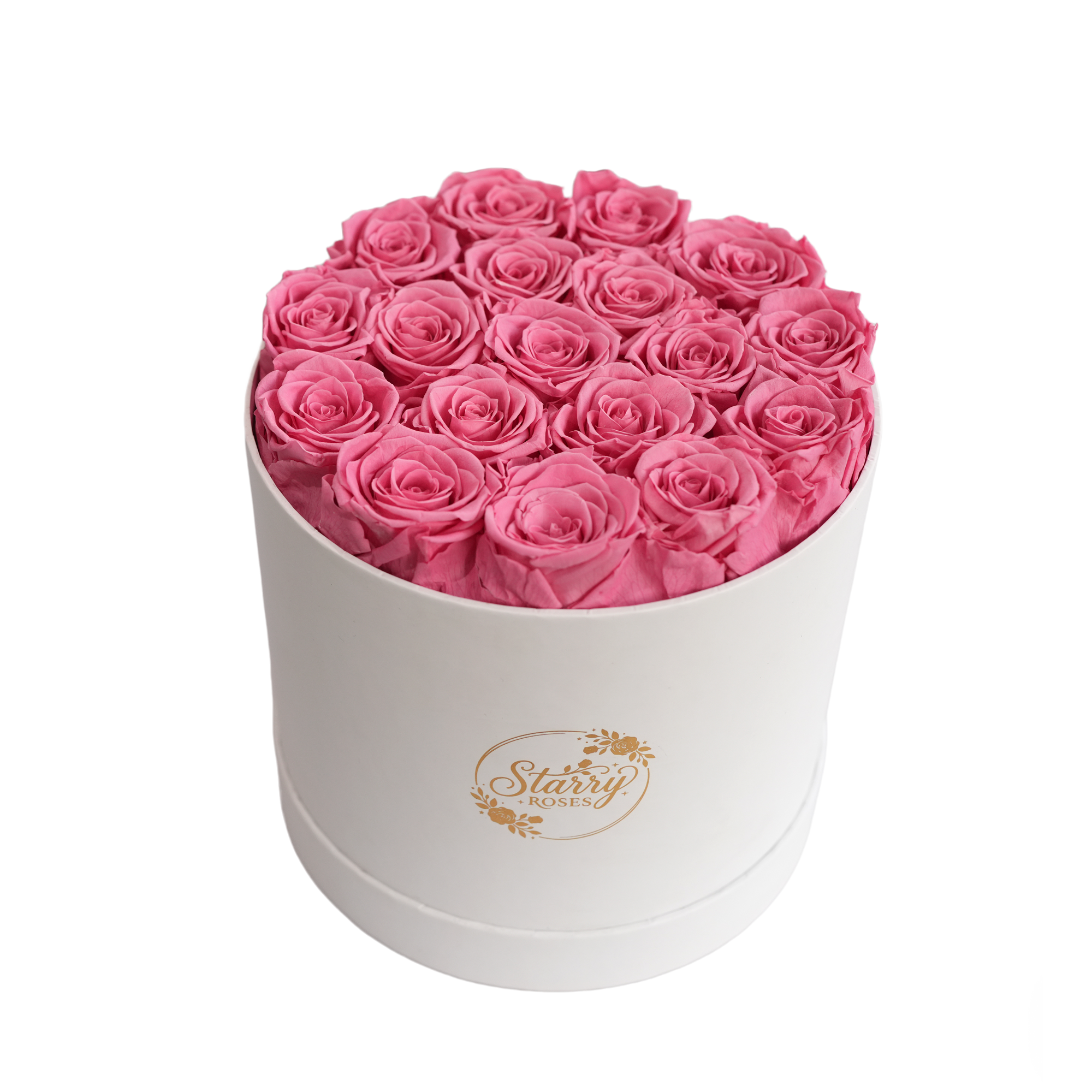Large Round White Box Pink Forever Roses product display on white background.