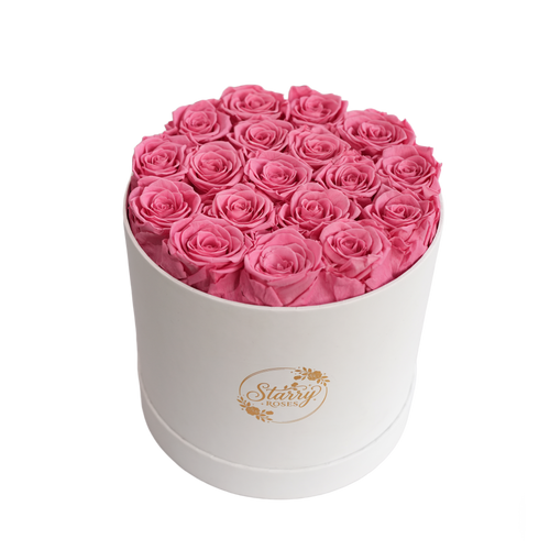 Large Round White Box Pink Forever Roses product display on white background.