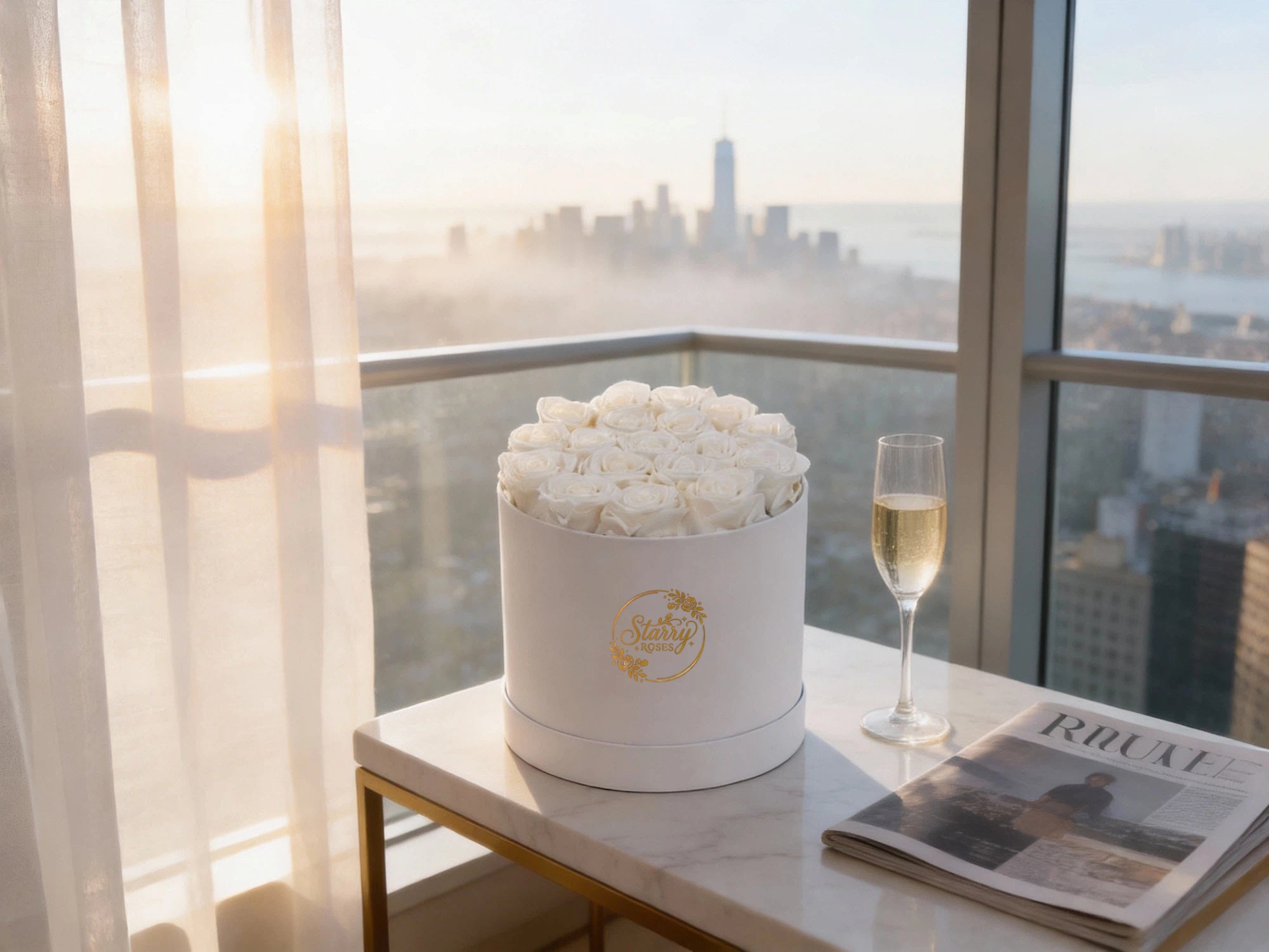 Large Round White Box White Forever Roses as a luxury gift displayed in a rich interior setting. Lifestyle photo showing a perfect gift for anniversaries and special occasions.