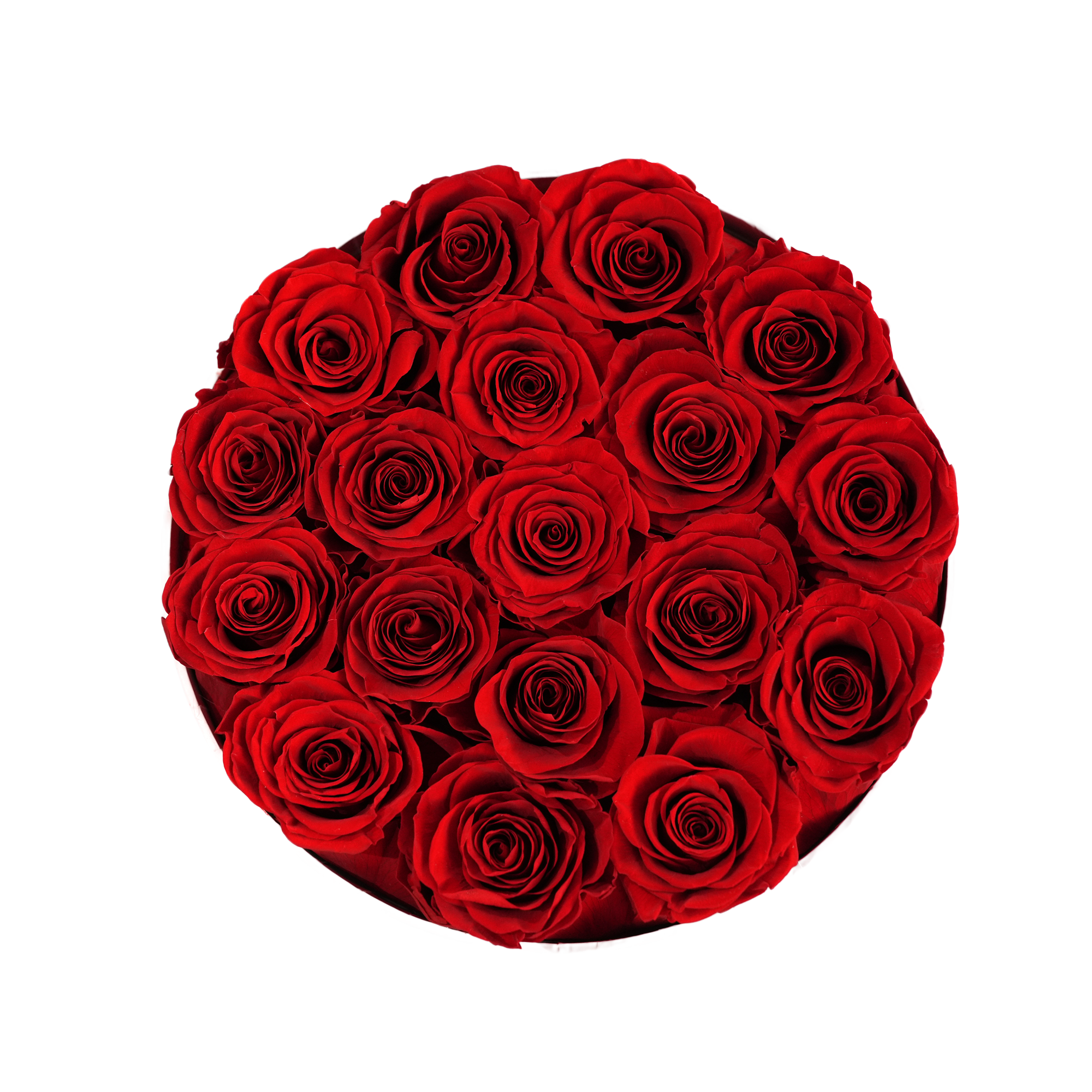 Large Round White Box Red Forever Roses flat lay overhead view.