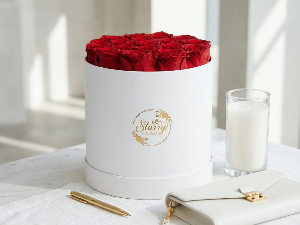 Large Round White Box Red Forever Roses as a luxury gift displayed in a rich interior setting. Lifestyle photo showing a perfect gift for anniversaries and special occasions.