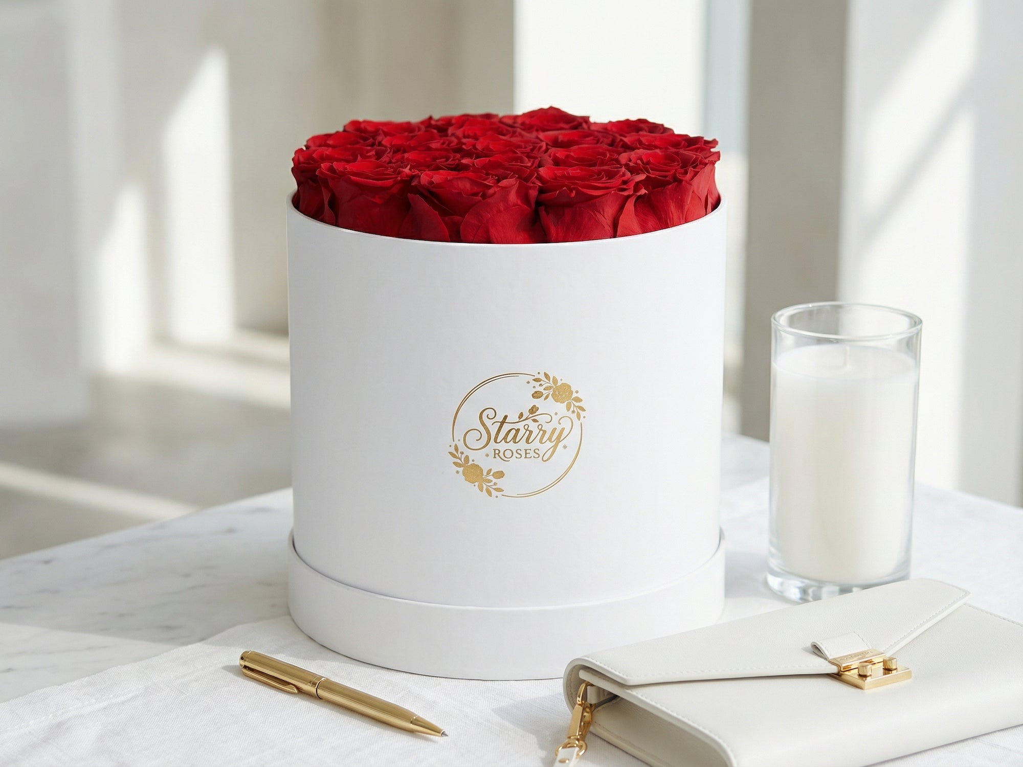 Large Round White Box Red Forever Roses as a luxury gift displayed in a rich interior setting. Lifestyle photo showing a perfect gift for anniversaries and special occasions.