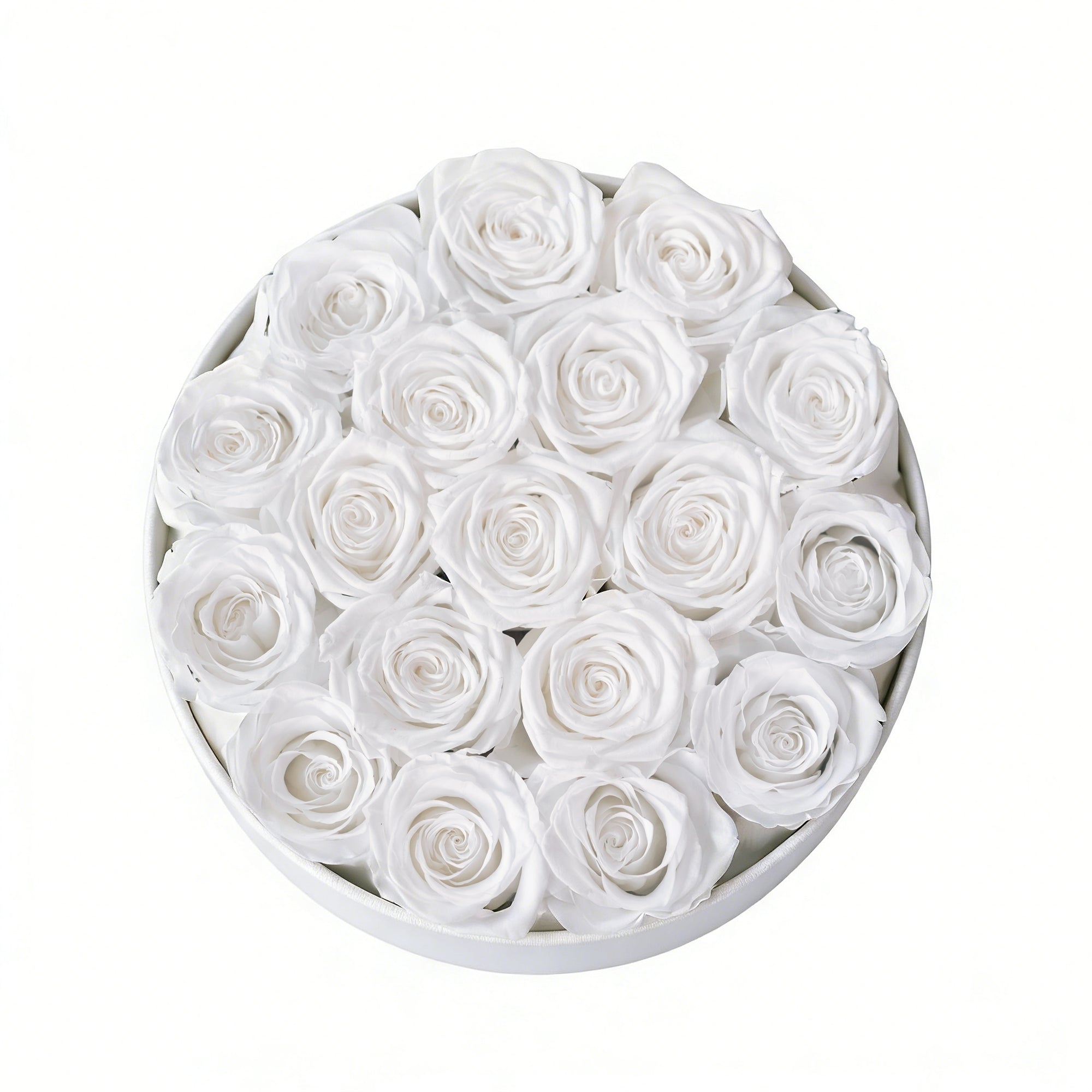Large Round White Box White Forever Roses flat lay overhead view.