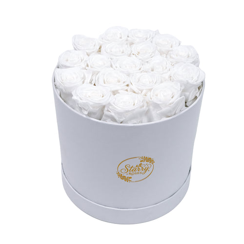 Large Round White Box White Forever Roses product display on white background.