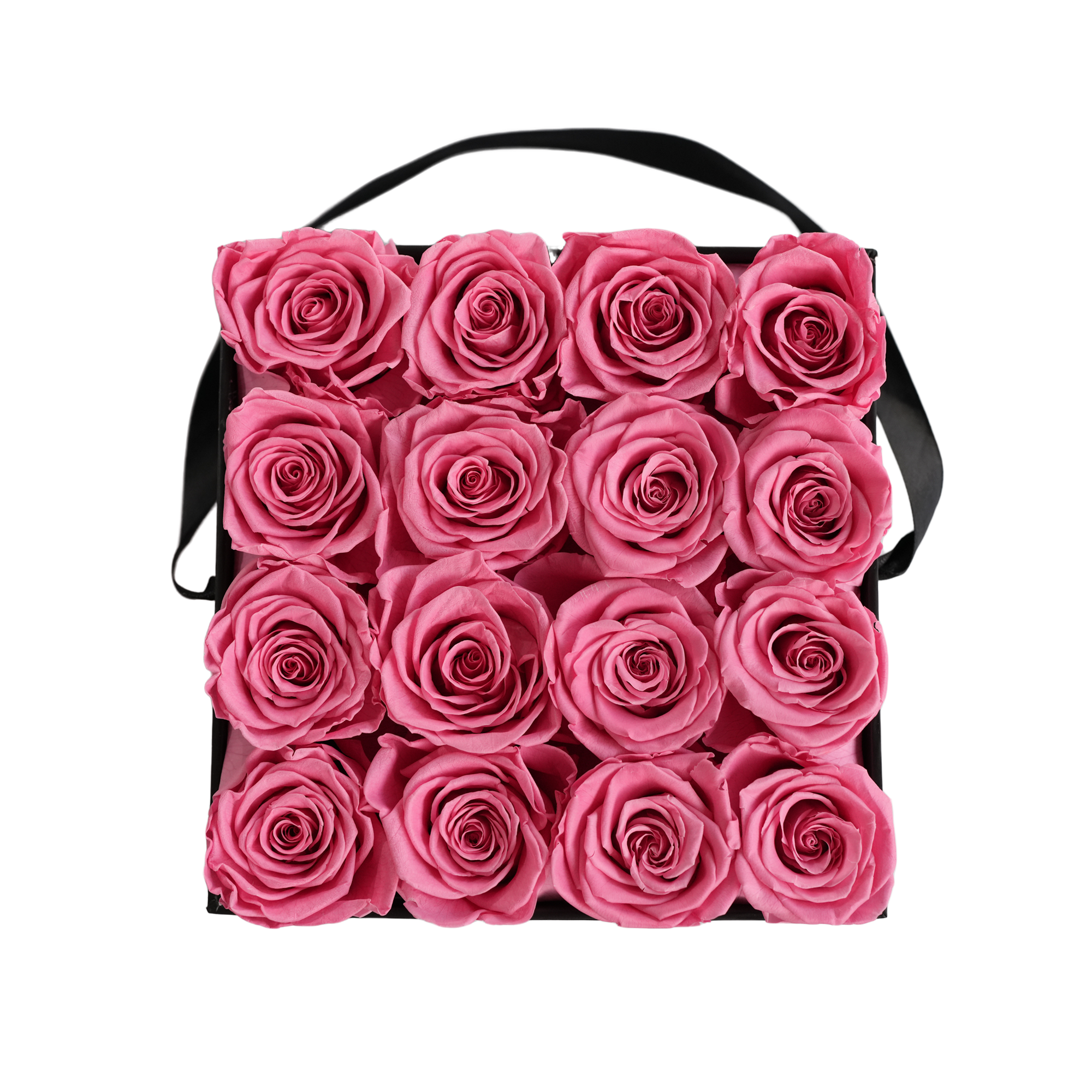 Large Square Black Box Pink Forever Roses flat lay overhead view.