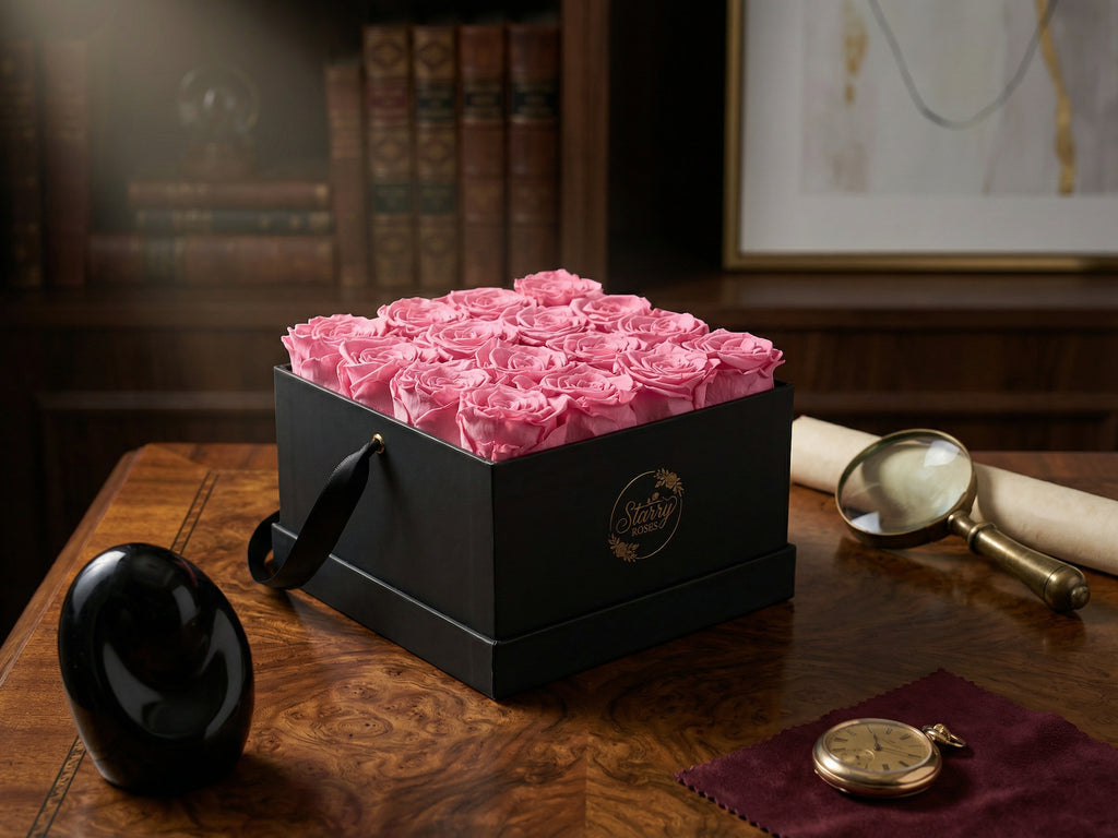 Large Square Black Box Pink Forever Roses Box as a luxury gift displayed in a rich interior setting. Lifestyle photo showing a perfect gift for anniversaries and special occasions.