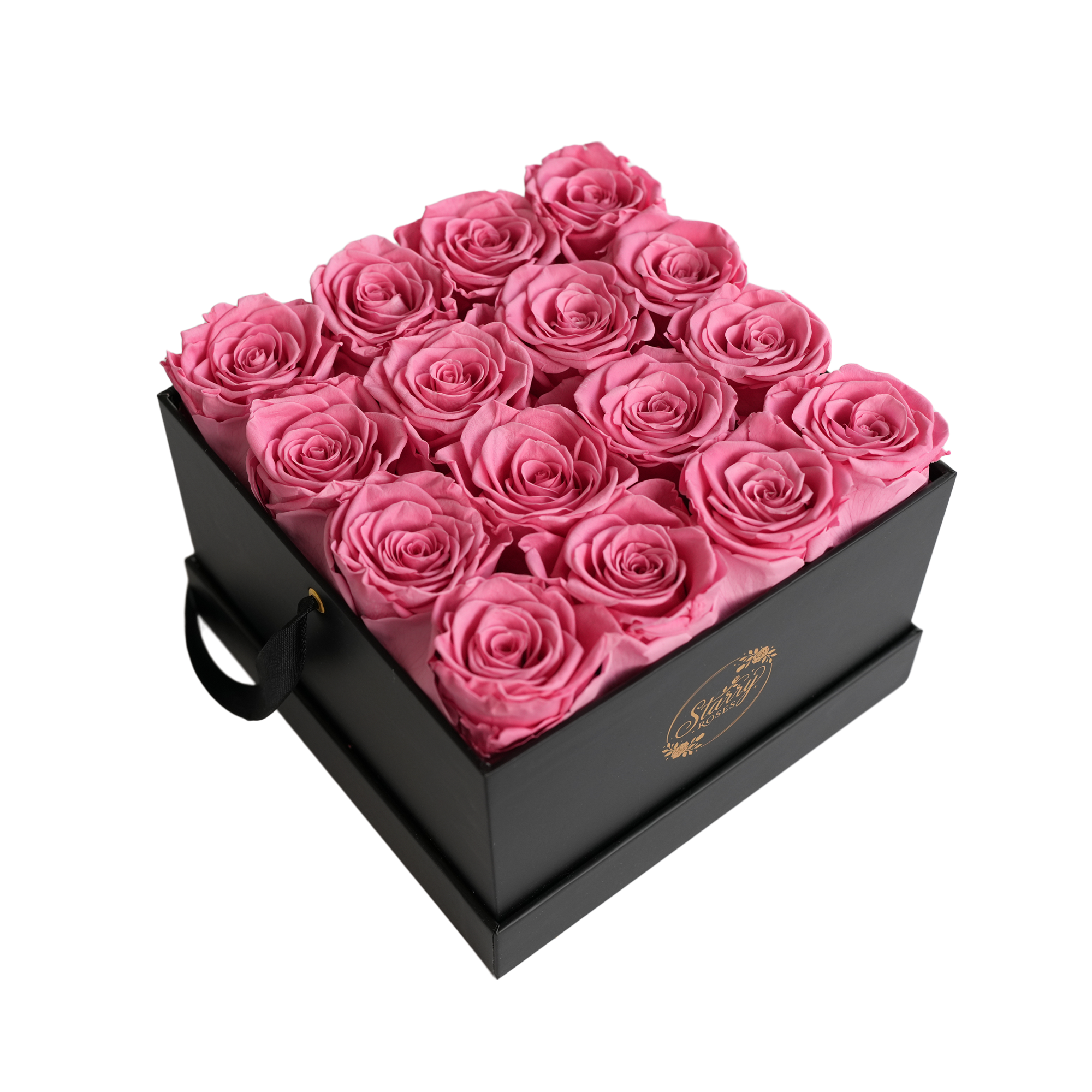 Large Square Black Box Pink Forever Roses Box product display on white background.