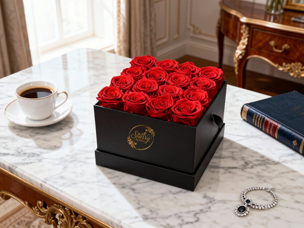 Large Square Black Box Red Forever Roses Box as a luxury gift displayed in a rich interior setting. Lifestyle photo showing a perfect gift for anniversaries and special occasions.