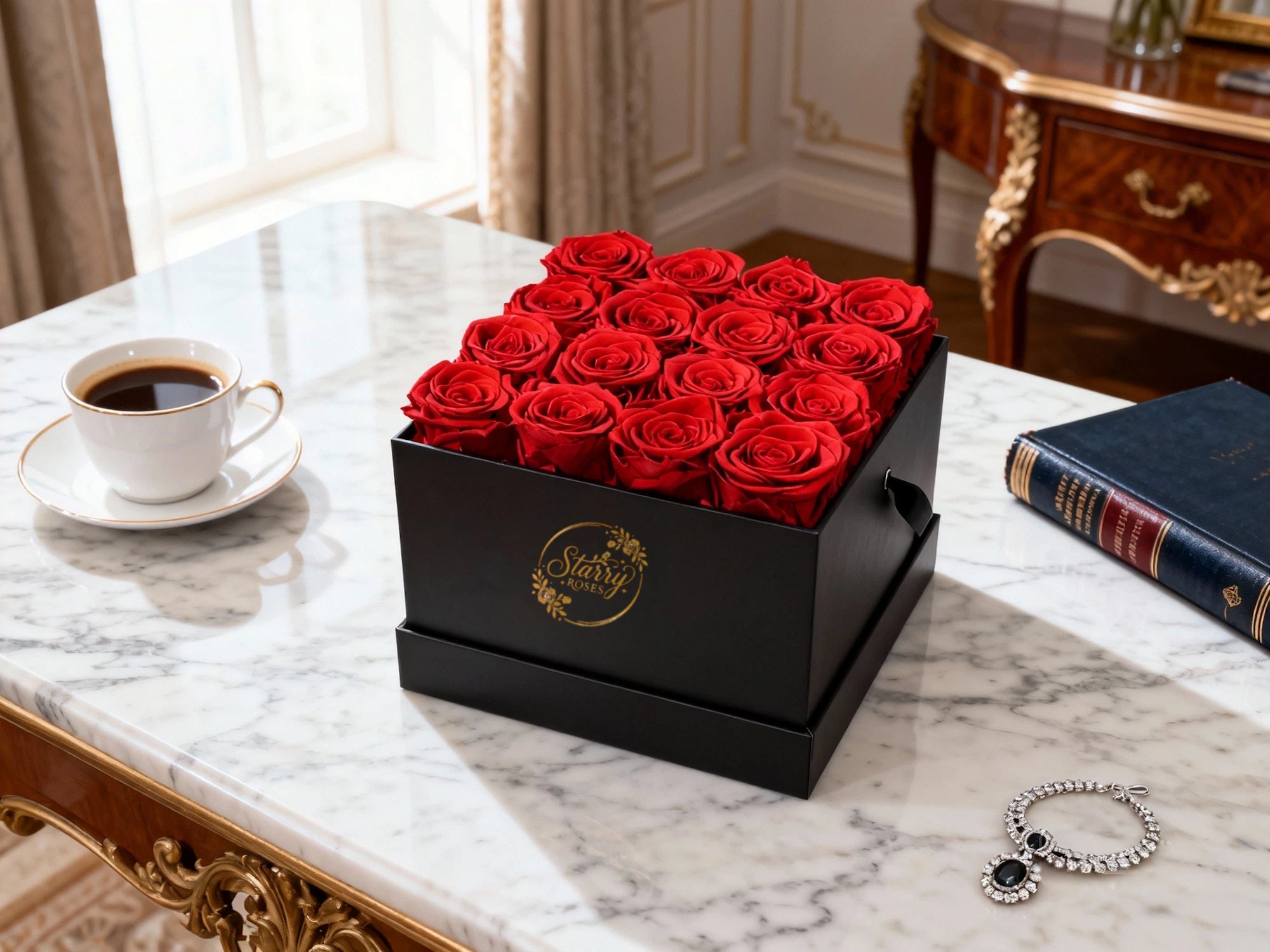 Large Square Black Box Red Forever Roses Box as a luxury gift displayed in a rich interior setting. Lifestyle photo showing a perfect gift for anniversaries and special occasions.