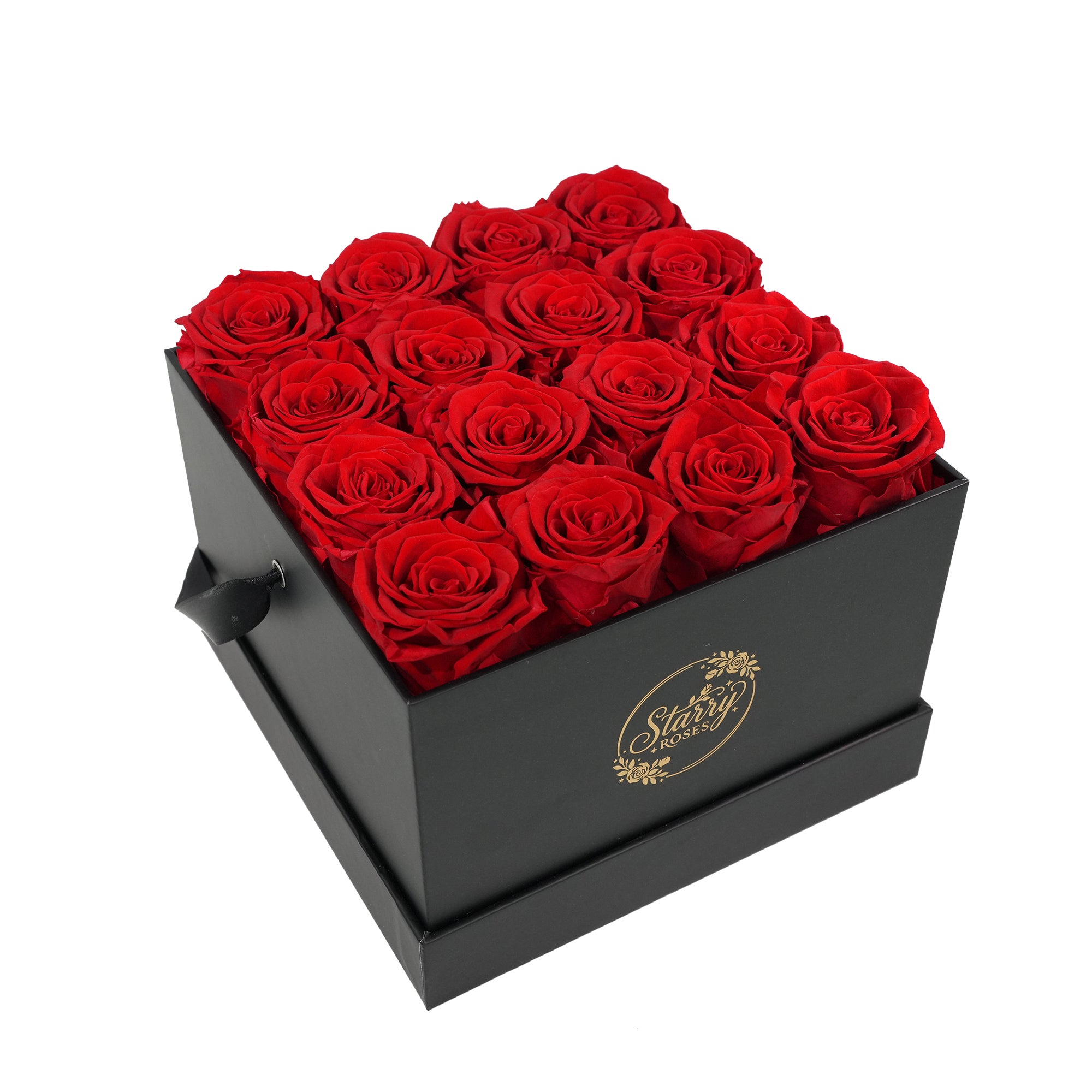 Large Square Black Box Red Forever Roses Box product display on white background.