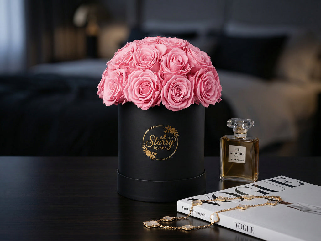 Large Superdome Black Box Pink Forever Roses as a luxury gift displayed in a rich interior setting. Lifestyle photo showing a perfect gift for anniversaries and special occasions.