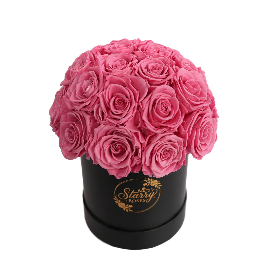 Large Superdome Black Box Pink Forever Roses product display on white background.