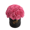 Large Superdome Black Box Pink Forever Roses product display on white background.