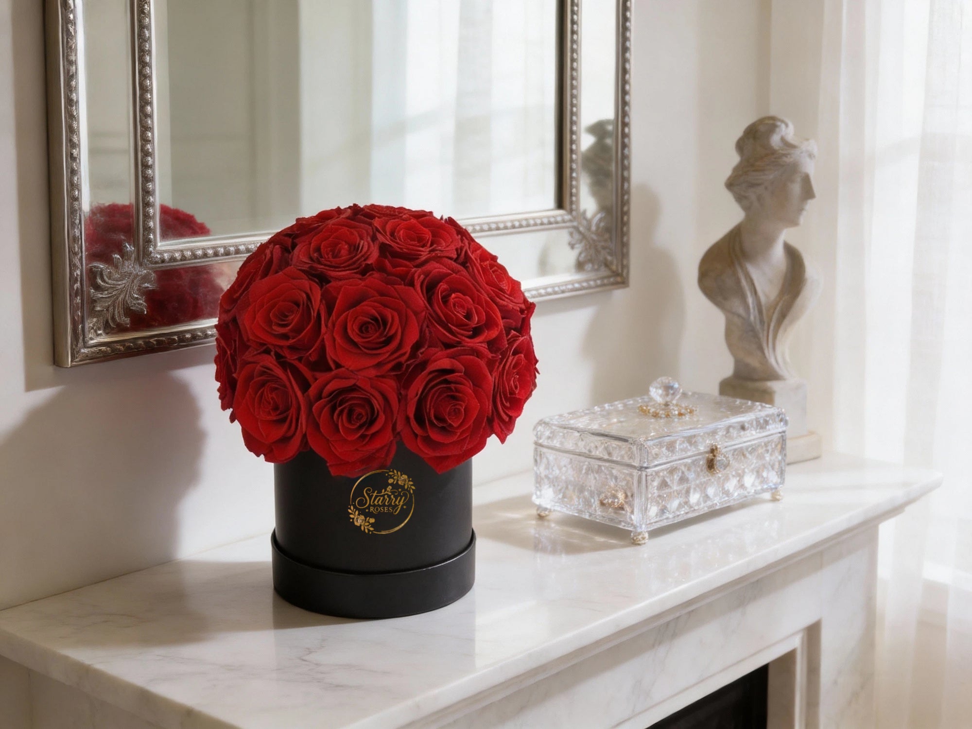 Large Superdome Black Box Red Forever Roses as a luxury gift displayed in a rich interior setting. Lifestyle photo showing a perfect gift for anniversaries and special occasions.